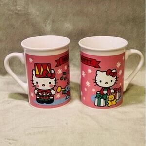Vintage Hello Kitty Drummer Boy & Opening Presents Pair of Christmas 12oz Mugs